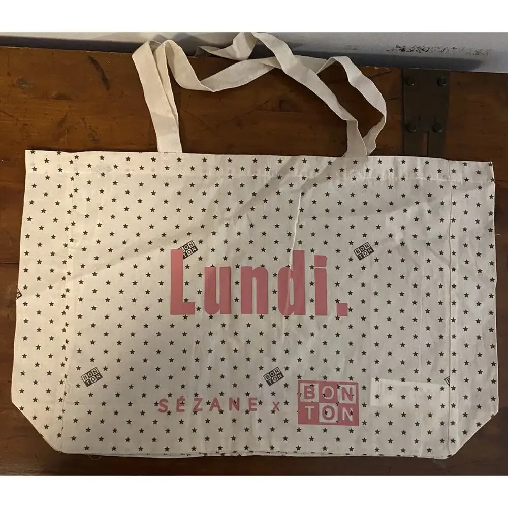 Sézane x Bonton Lundi Monday Tote Bag Pink Cream Stars Sezane French